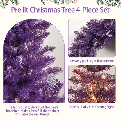 Pre-lit Christmas 4-Piece Set: Garland, Wreath, 2 Entrance Trees with LED Lights, Purple PVC. Ideal Festival Celebration Set.