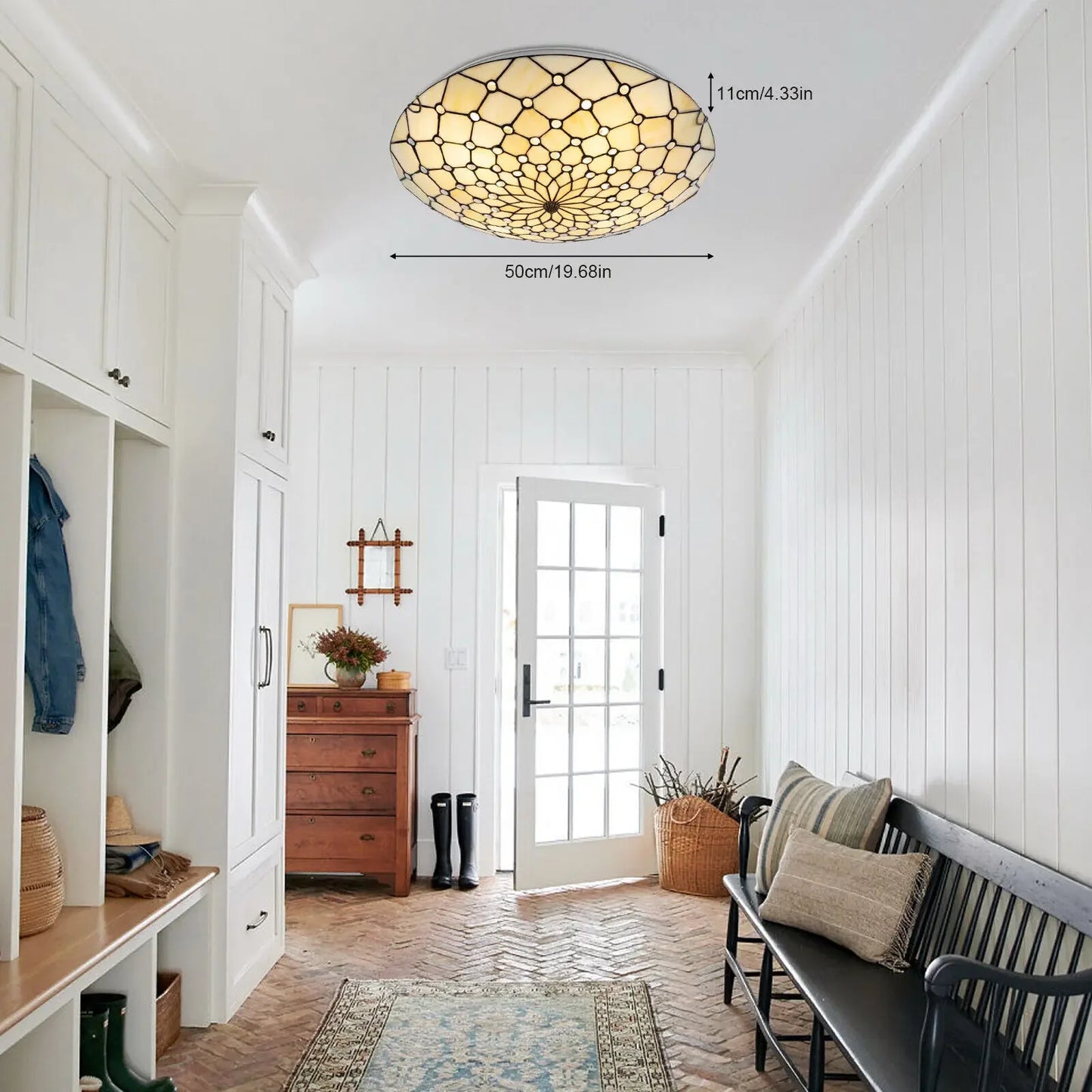 Antique Style 4-Light Flush Mount Ceiling Light - Stained Glass Shade with Vintage Finish for Kitchen Lighting