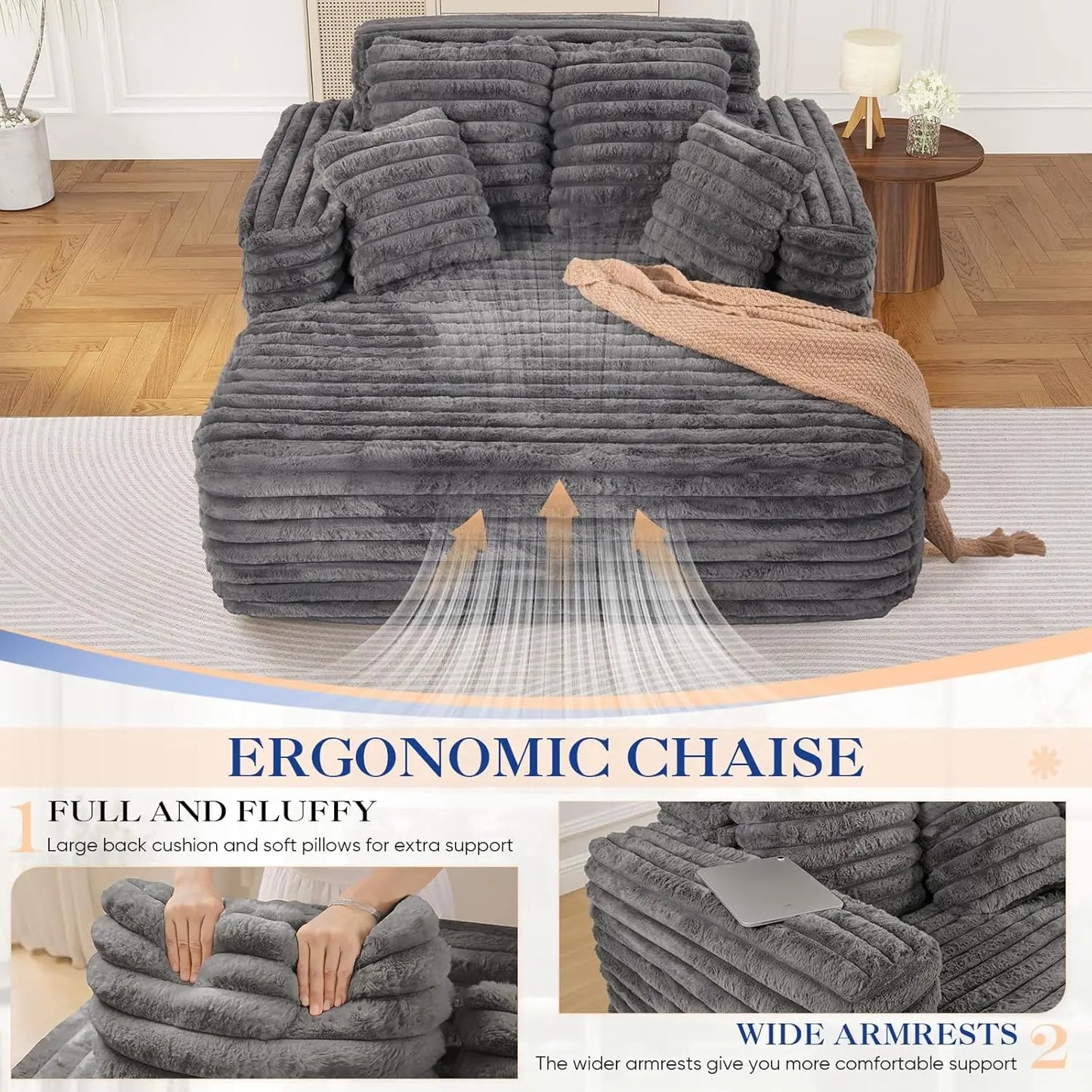 Oversized Chaise Lounge Indoor, Modern Plush Corduroy Fabric Deep Seat Boneless Memory Foam Sleeper Chaise Lounge, Customized