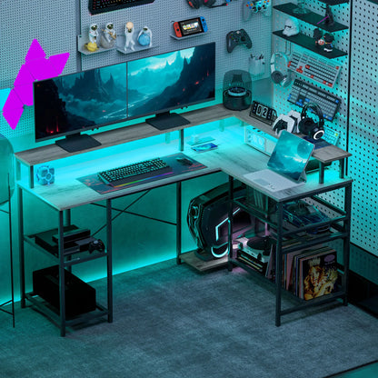 59" L Shaped  Storage, Corner Desk with Led Lights and Power Outlets