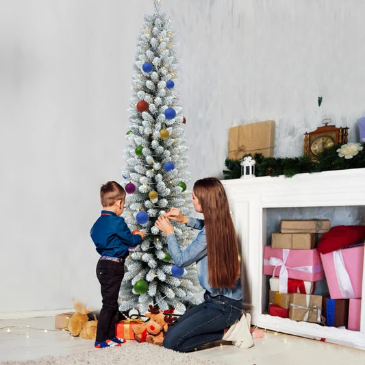 6Ft Pre-Lit Flocked Portland Pine Pencil Artificial Christmas Tree