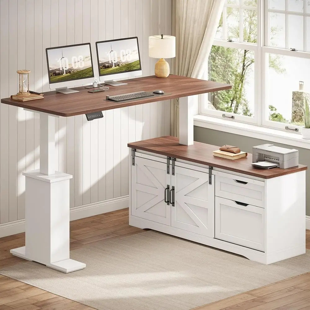 L Shaped Standing Desk, 55 inch Height Adjustable Desk with Storage Standing Computer Desks with Power Outlets