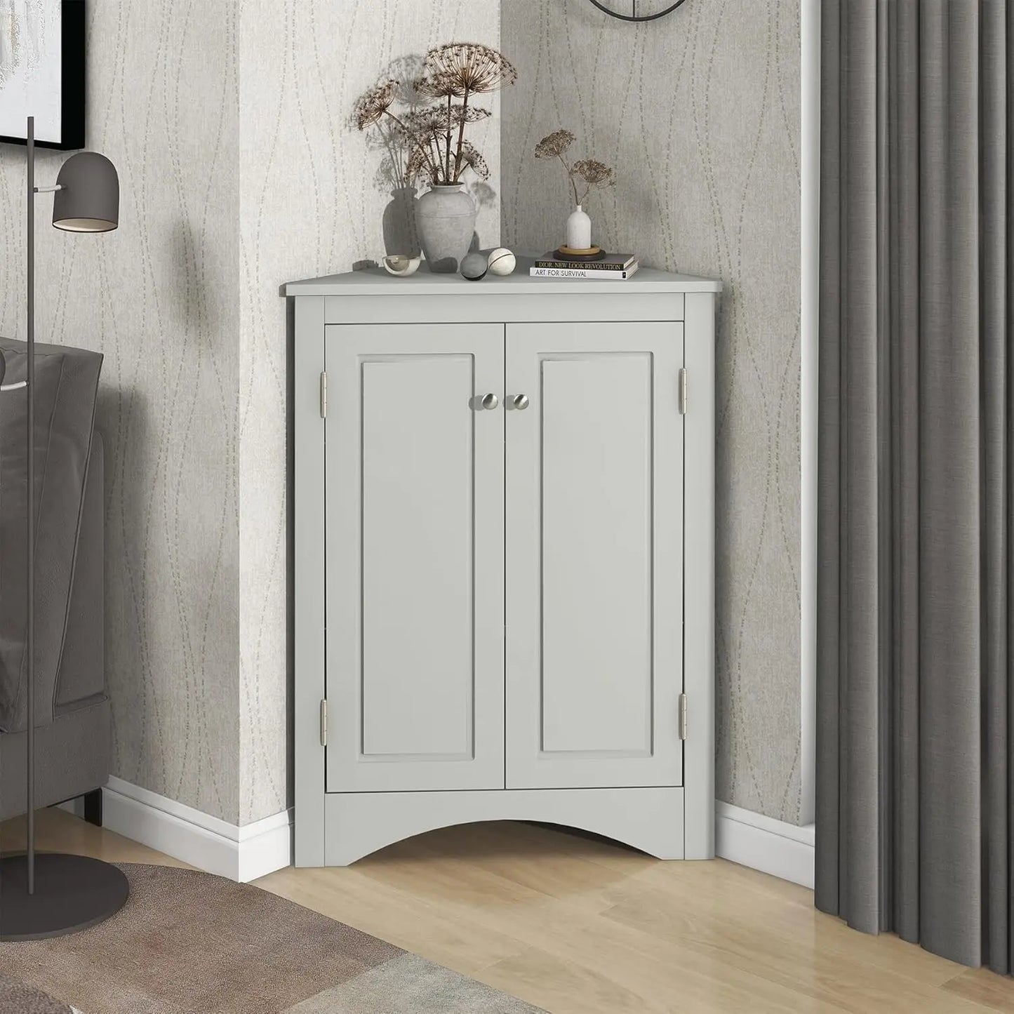 Corner Storage Cabinet with Adjustable Shelves, Triangle Bathroom & Kitchen Organizer, Freestanding Floor Cabinet for Toilet Kit