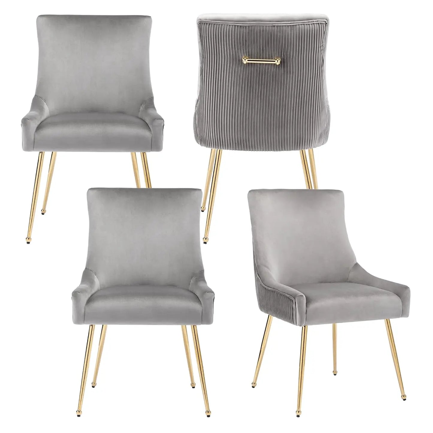 Velvet Dining Chairs Set of 4, Modern Upholstered Kitchen Chair with Pull Handle & Pleated Back, Mid Century Accent