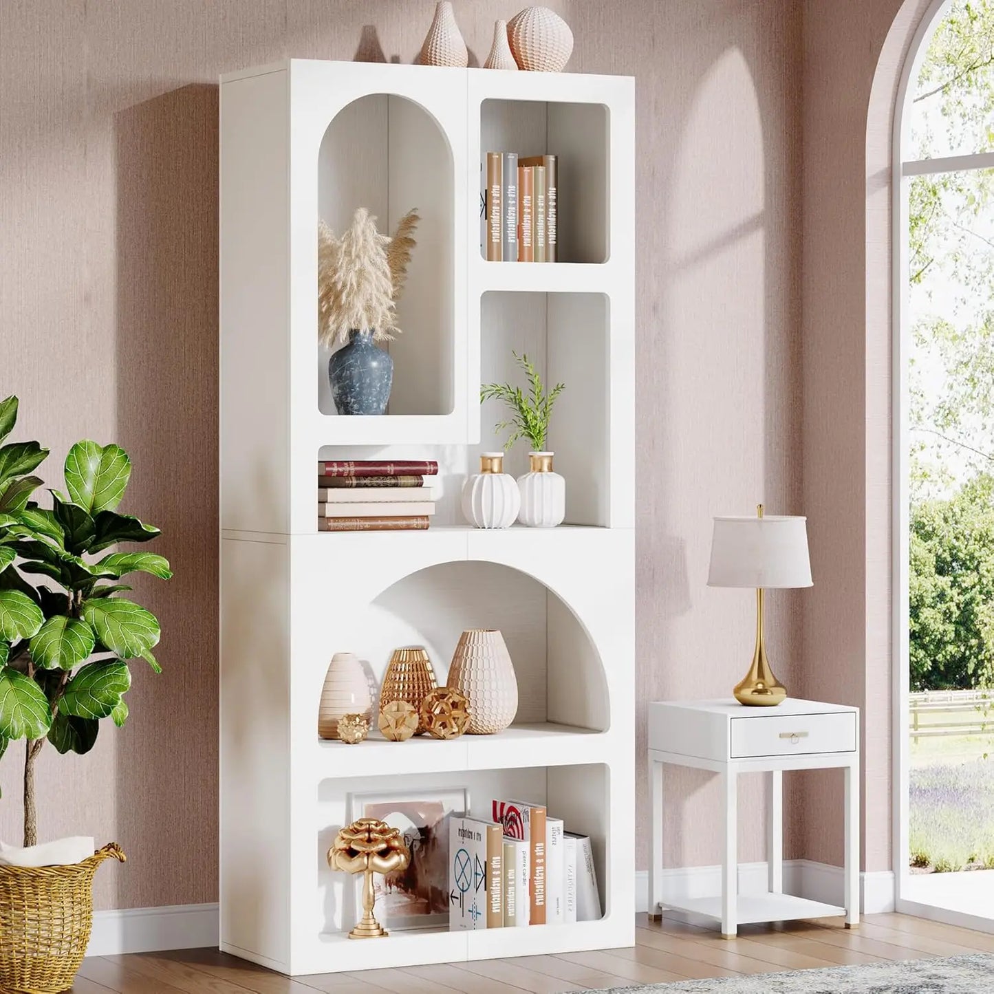 Tall Geometric Bookshelf, White Arched Bookcase with 5 Irregular Storage Shelves,Free-Standing for Living Room, Bedroom
