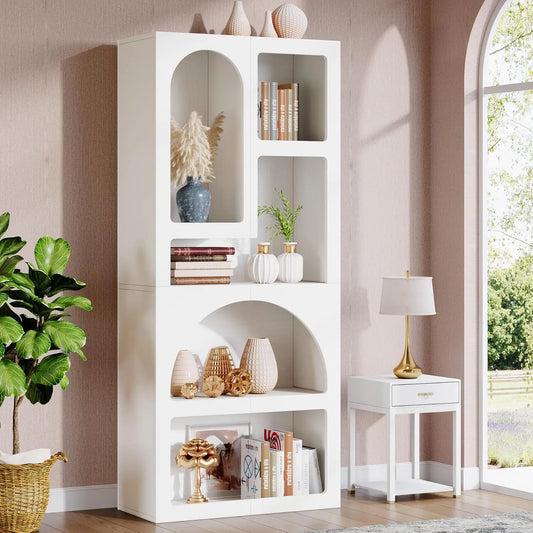 Tall Geometric Bookshelf, White Arched Bookcase with 5 Irregular Storage Shelves,Free-Standing for Living Room, Bedroom