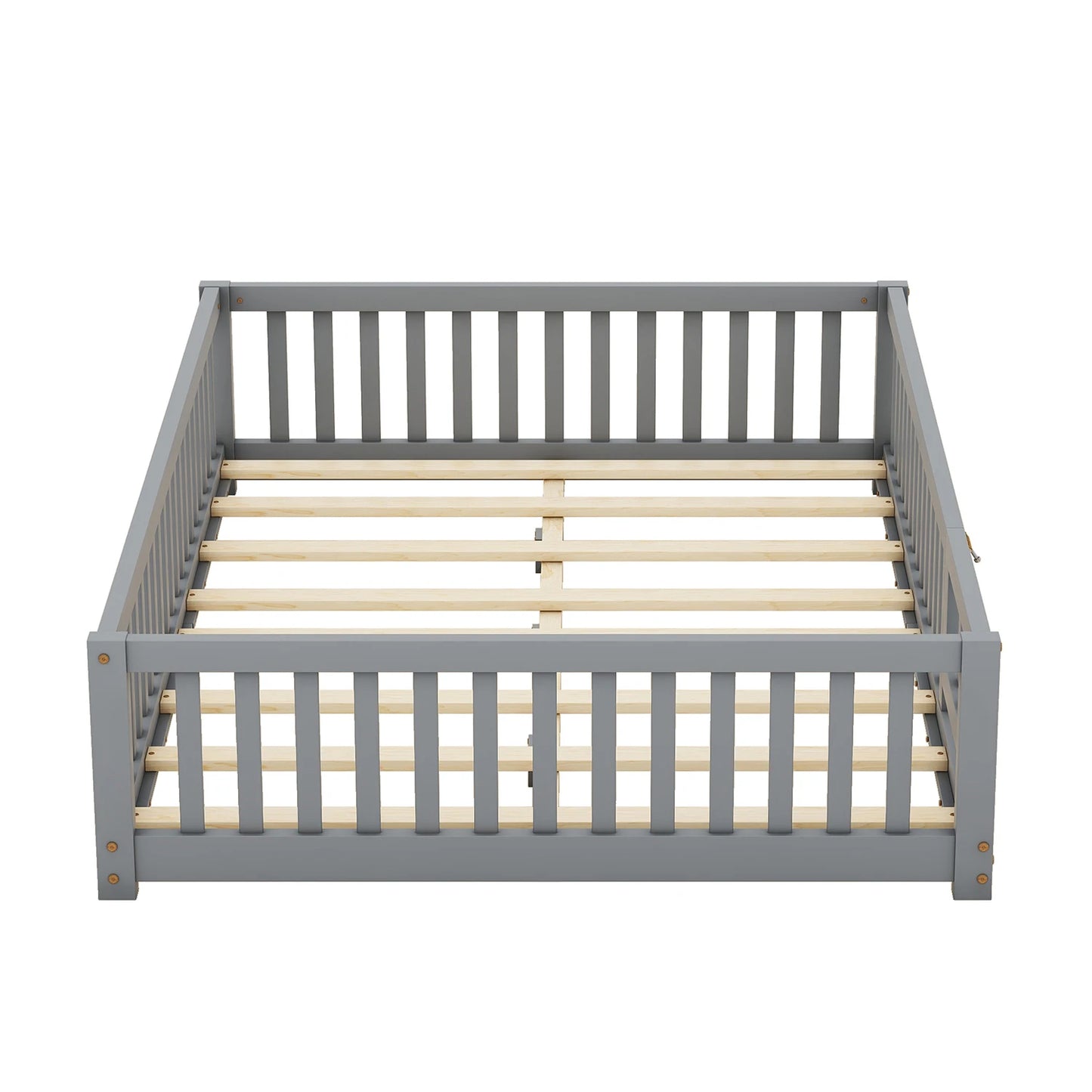 Toddler Floor Bed Frame with Safety Guardrails Doors Wood Slat Support Bed Detachable Platform Bed for Kids Bedroom Nursery