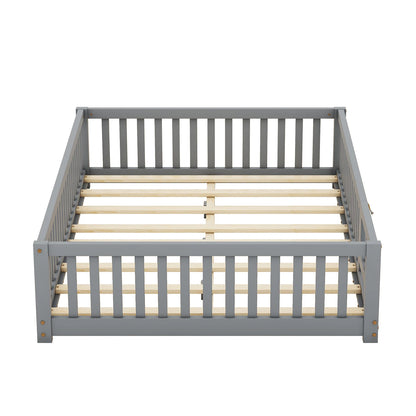 Toddler Floor Bed Frame with Safety Guardrails Doors Wood Slat Support Bed Detachable Platform Bed for Kids Bedroom Nursery