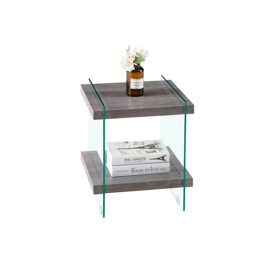 17.72 Sleek and Sturdy Tempered Glass Leg Side Table with Dual MDF Shelves Modern