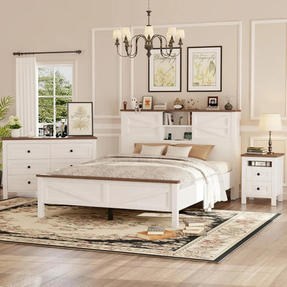 3-Pieces Bedroom Sets Queen Size Farmhouse Platform Bed with Double Sliding Door Storage Headboard, Storage Nightstand and Dress