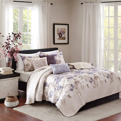 6 Piece Printed Quilt Set with Throw Pillows Taupe Full Queen