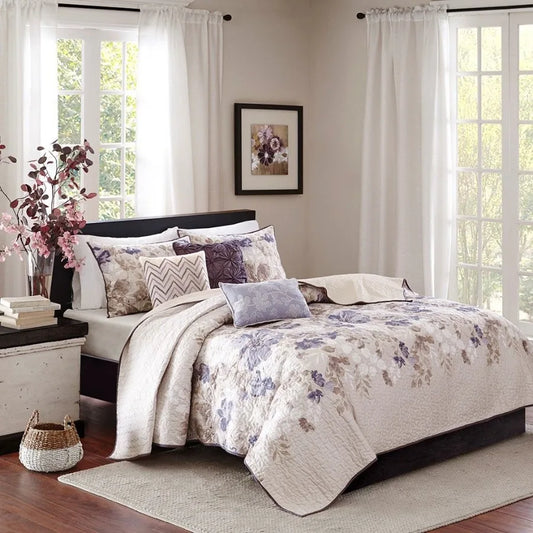6 Piece Printed Quilt Set with Throw Pillows Taupe Full Queen