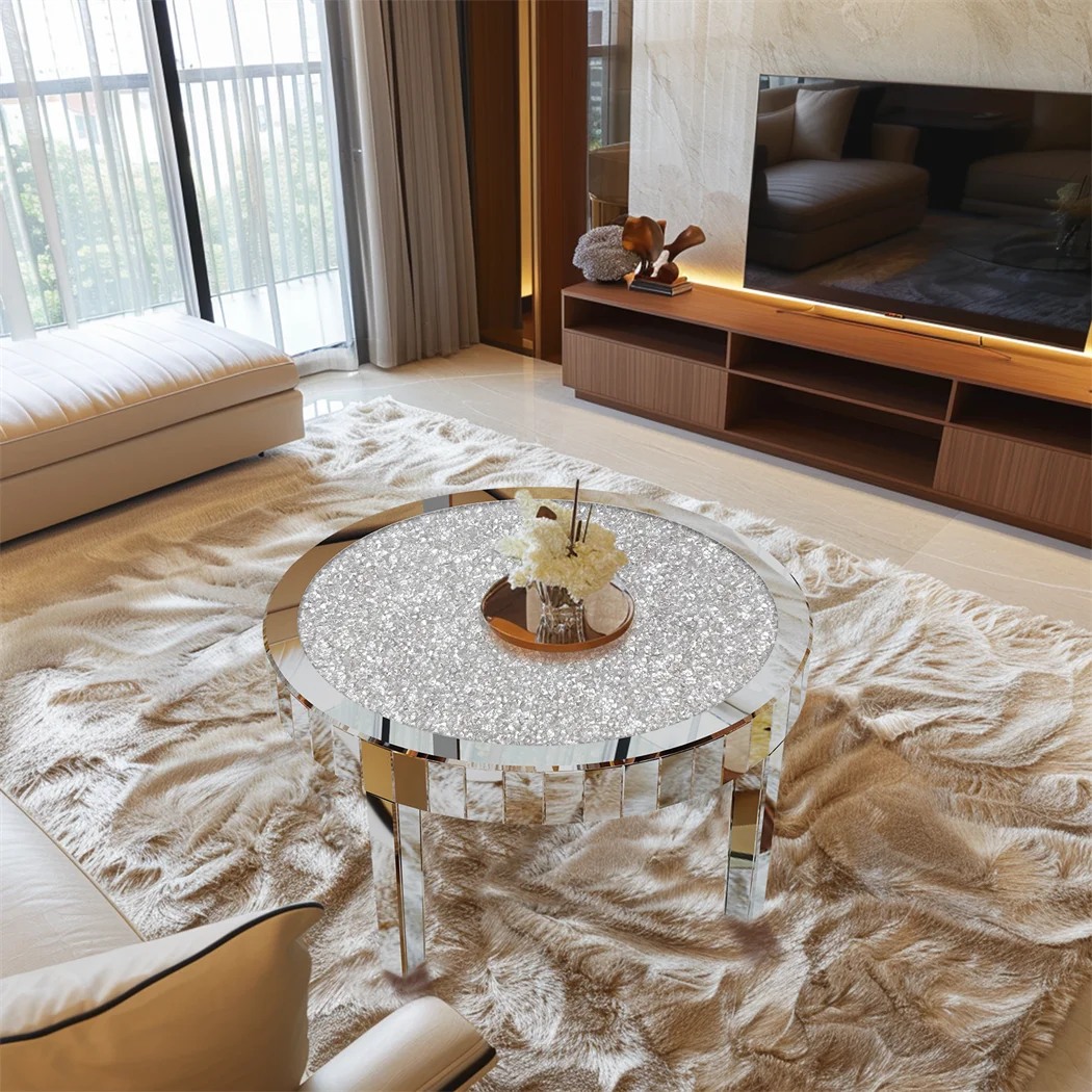 Silver Round Mirrored Coffee Table Elegant Accent Side Table with Glass Tabletop for Living Room Bedroom