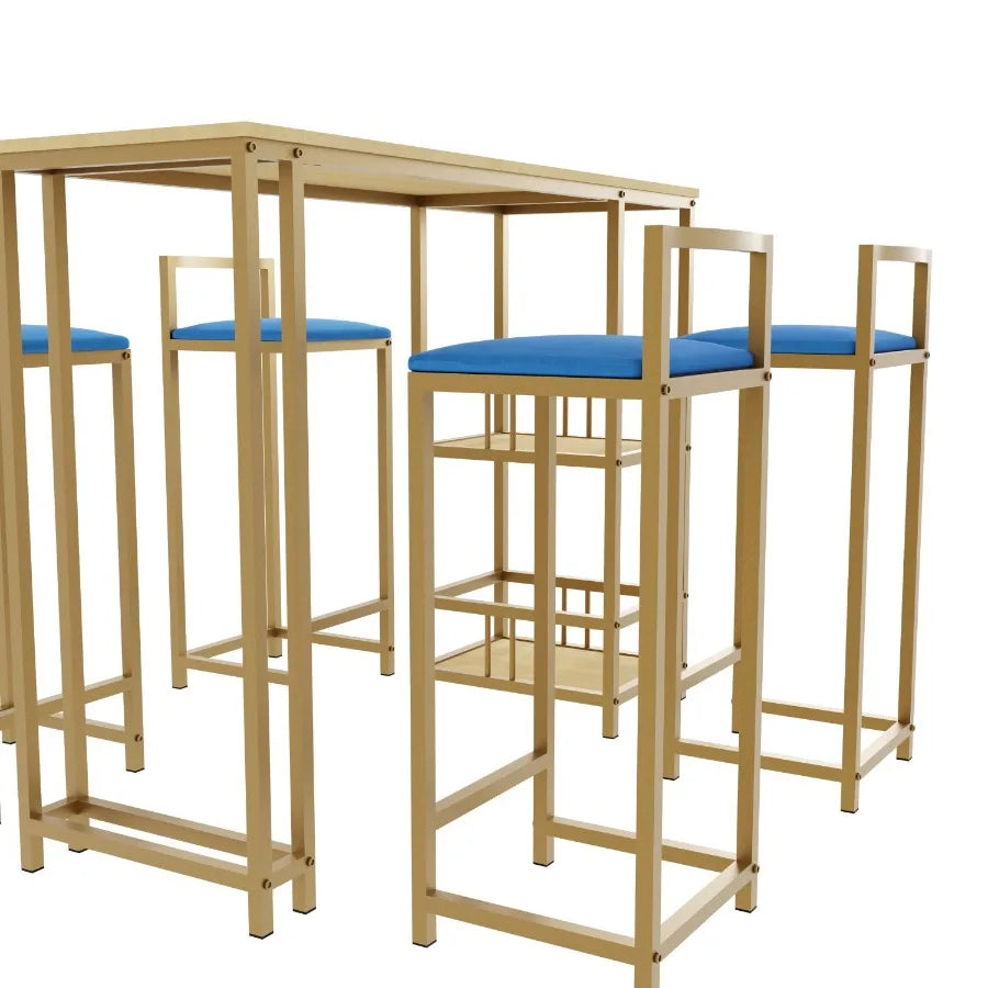 Bar table and chair five piece set gold frame multilayer tabletop chair cushion and backrest made of sponge table with storage