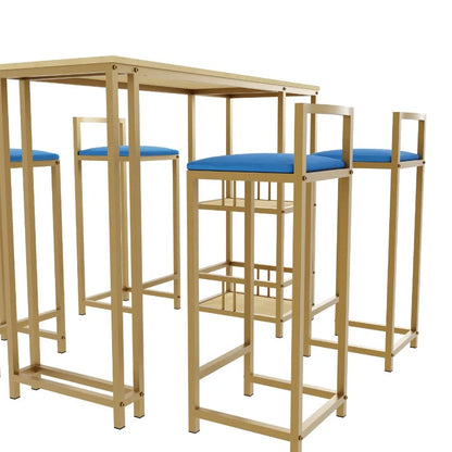 Bar table and chair five piece set gold frame multilayer tabletop chair cushion and backrest made of sponge table with storage