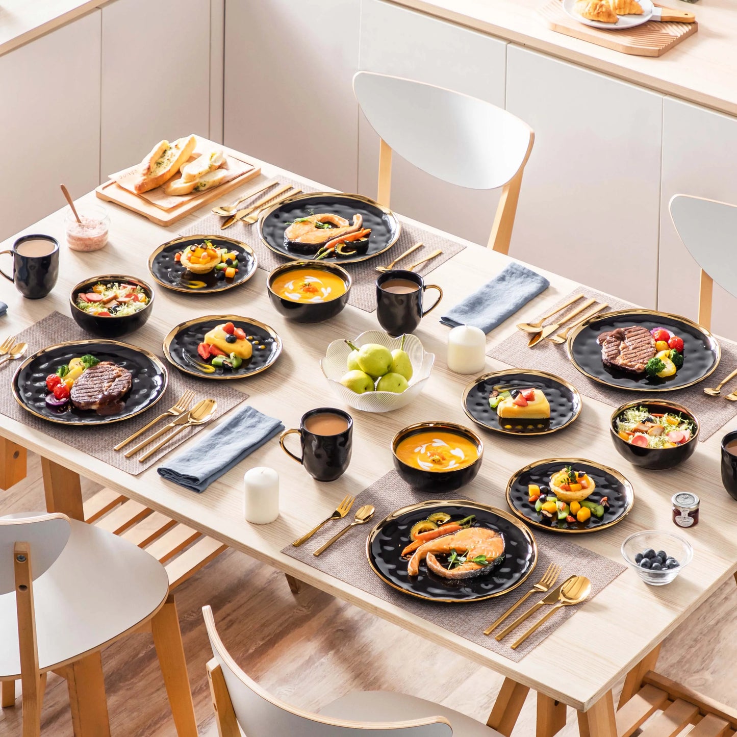 Black Porcelain Dinnerware Set with Gold Trim Dessert Plate, Dinner Plate, Cup, Bowl Tableware Set