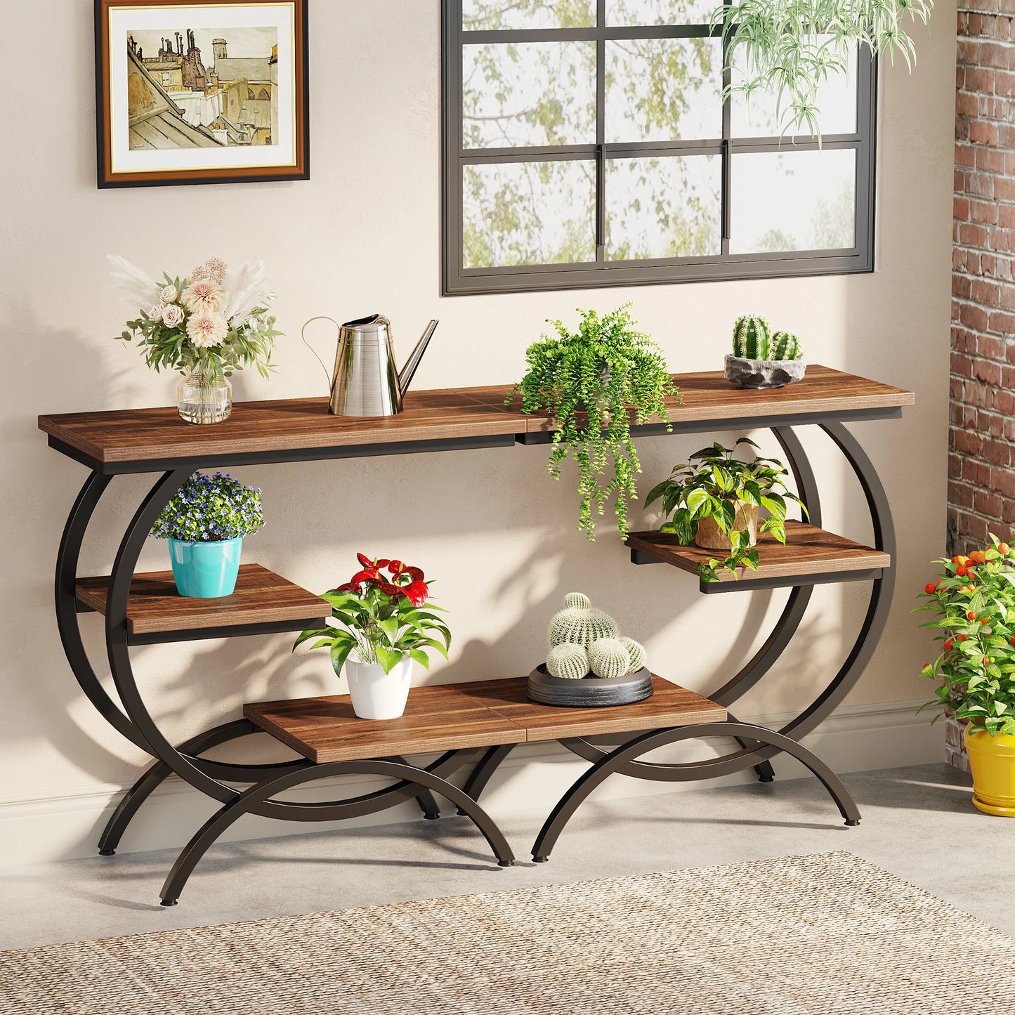 C-Shaped End Table, Industrial 3-Tier Small Table for Couch, Wood Bedside Table Snack Table with Storage Shelves