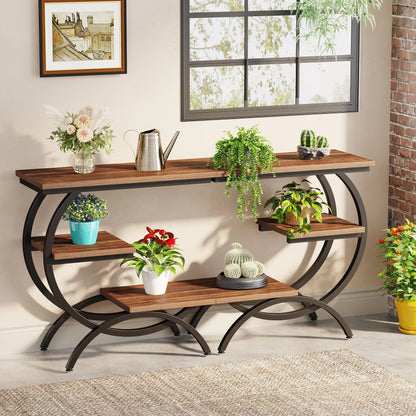C-Shaped End Table, Industrial 3-Tier Small Table for Couch, Wood Bedside Table Snack Table with Storage Shelves