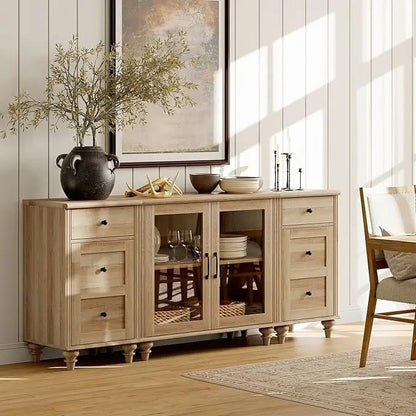 Tableware cabinet with glass doors, buffet cabinet, wooden coffee bar table with adjustable shelves, and 2 drawer cabinets