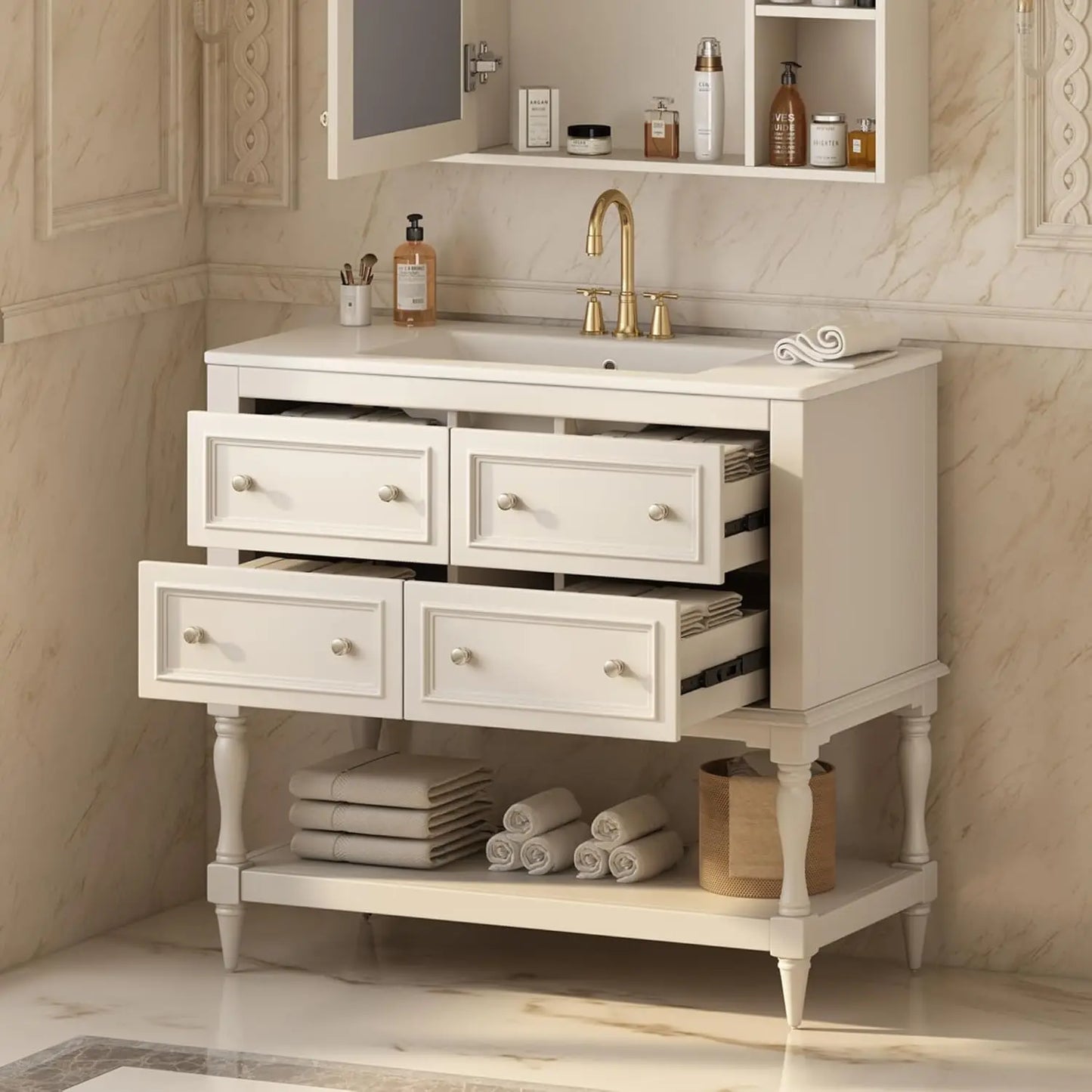 Bathroom Vanity with Sink Farmhouse Storage Cabinet 4 Drawers Open Shelf Solid Wood Frame