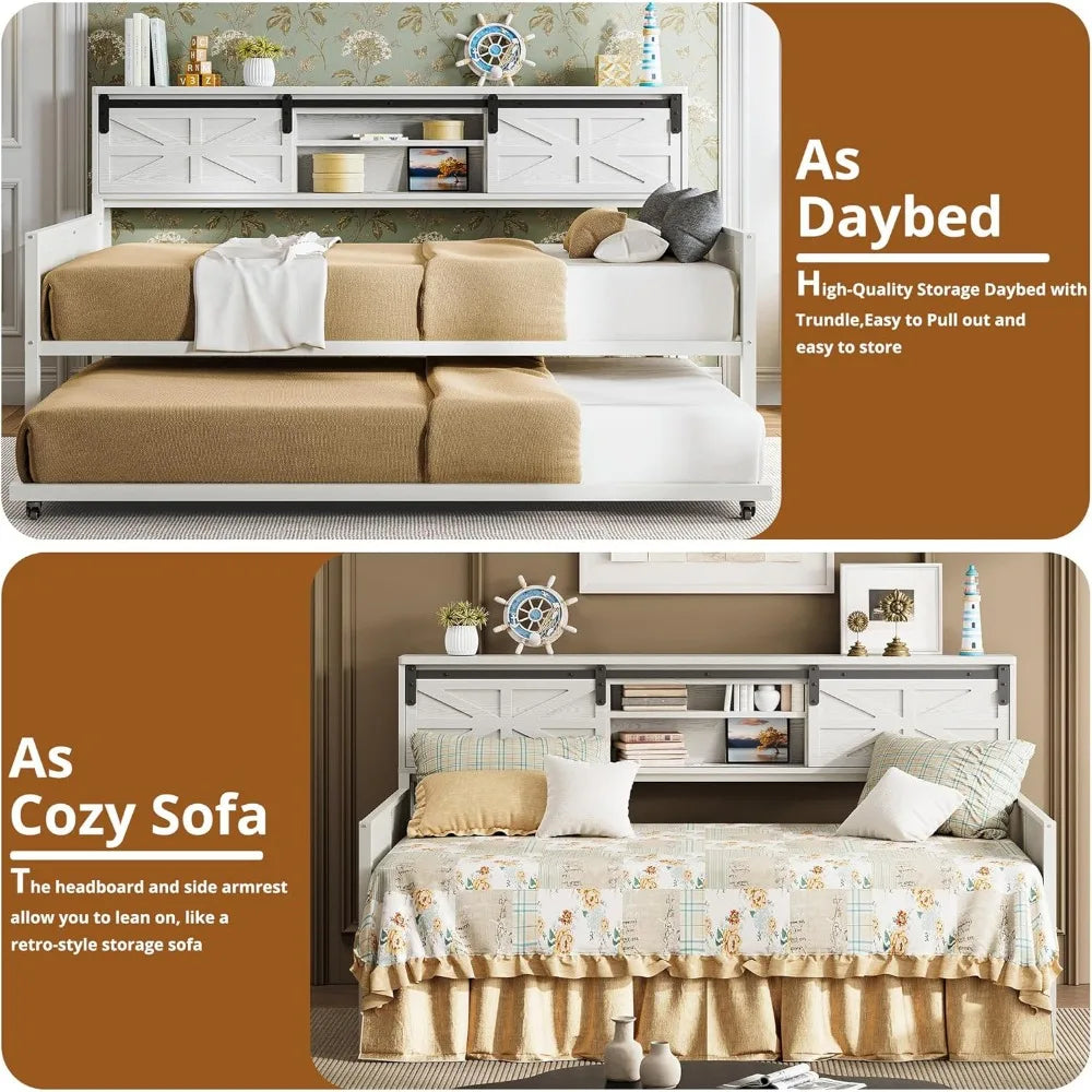 Daybed with Trundle, Rustic Bed Twin with Storage and Charging Station