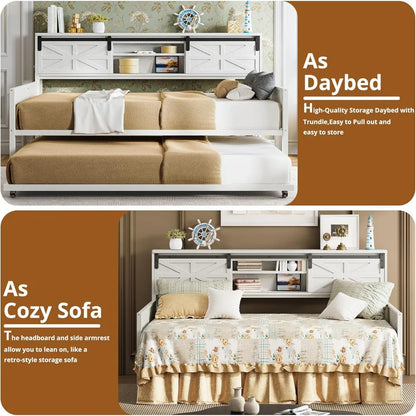 Daybed with Trundle, Rustic Bed Twin with Storage and Charging Station