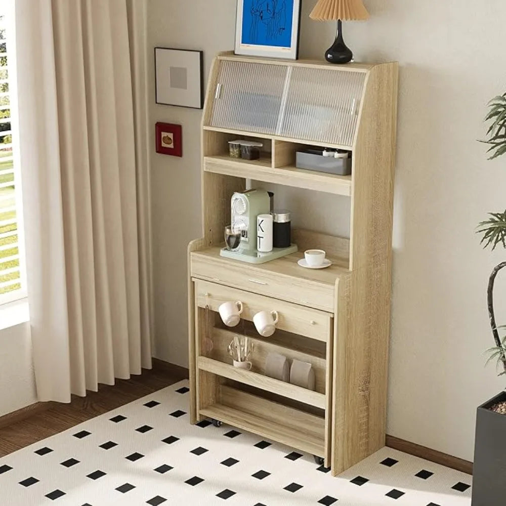 Modern Coffee Bar Cabinet, Compact 33.5"x15.7"x69" Buffet Cabinet with Hutch & Foldable Dining Table, Multifunctional Cupboard w