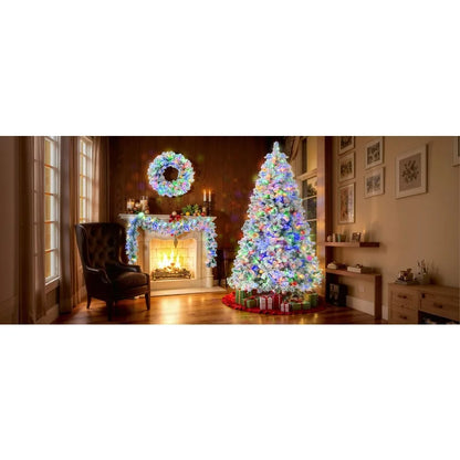 6FT Snow Flocked Christmas Tree PreLit Set with Tree Garland Wreath
