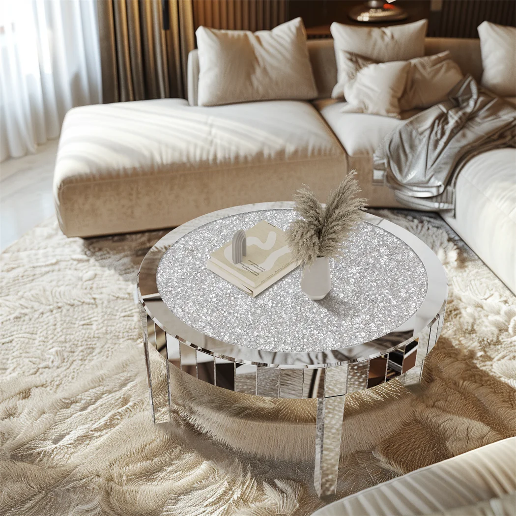 Silver Round Mirrored Coffee Table Elegant Accent Side Table with Glass Tabletop for Living Room Bedroom