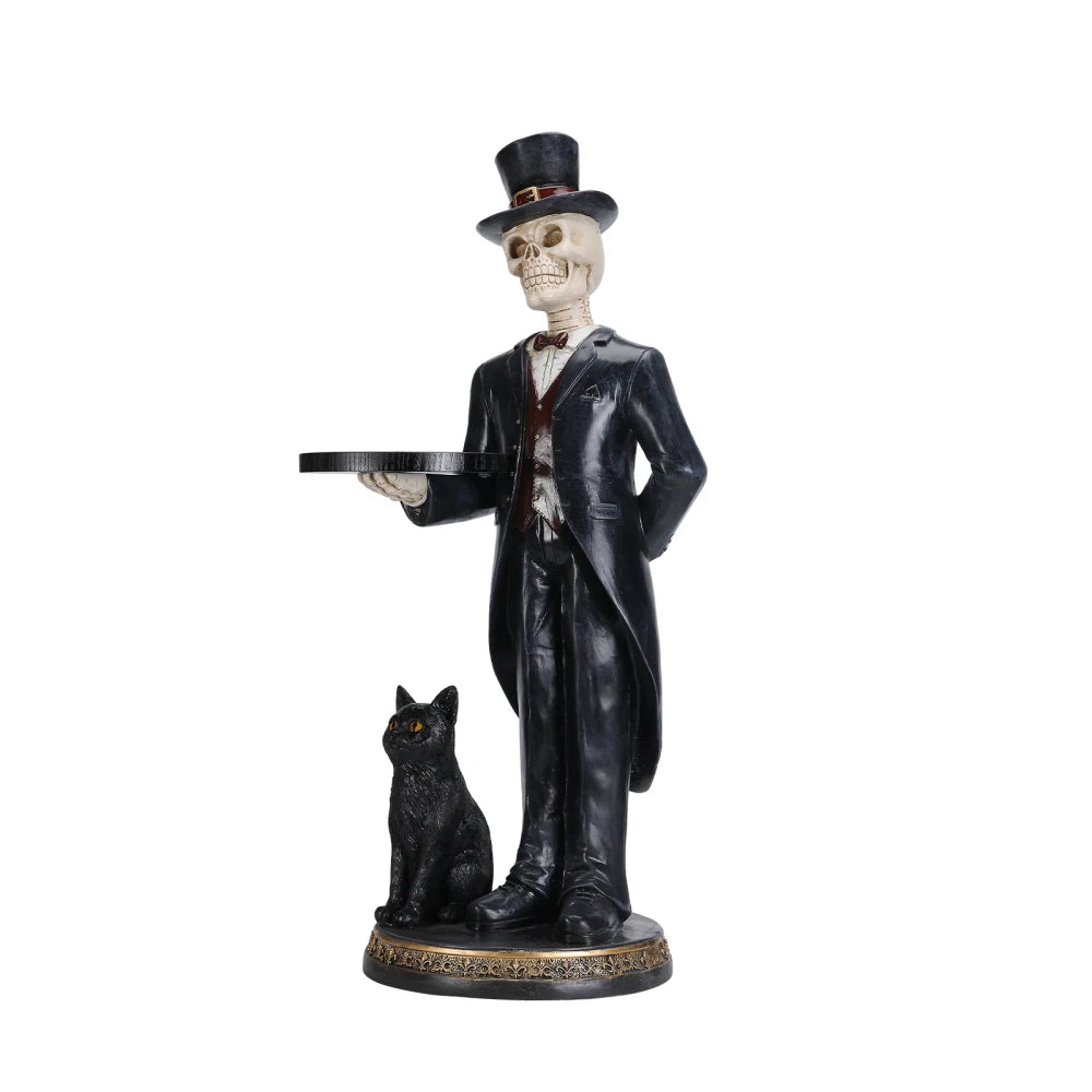 Halloween Skeleton Butler Floor Statue with Serving Tray and Black Cat for Home Entryway
