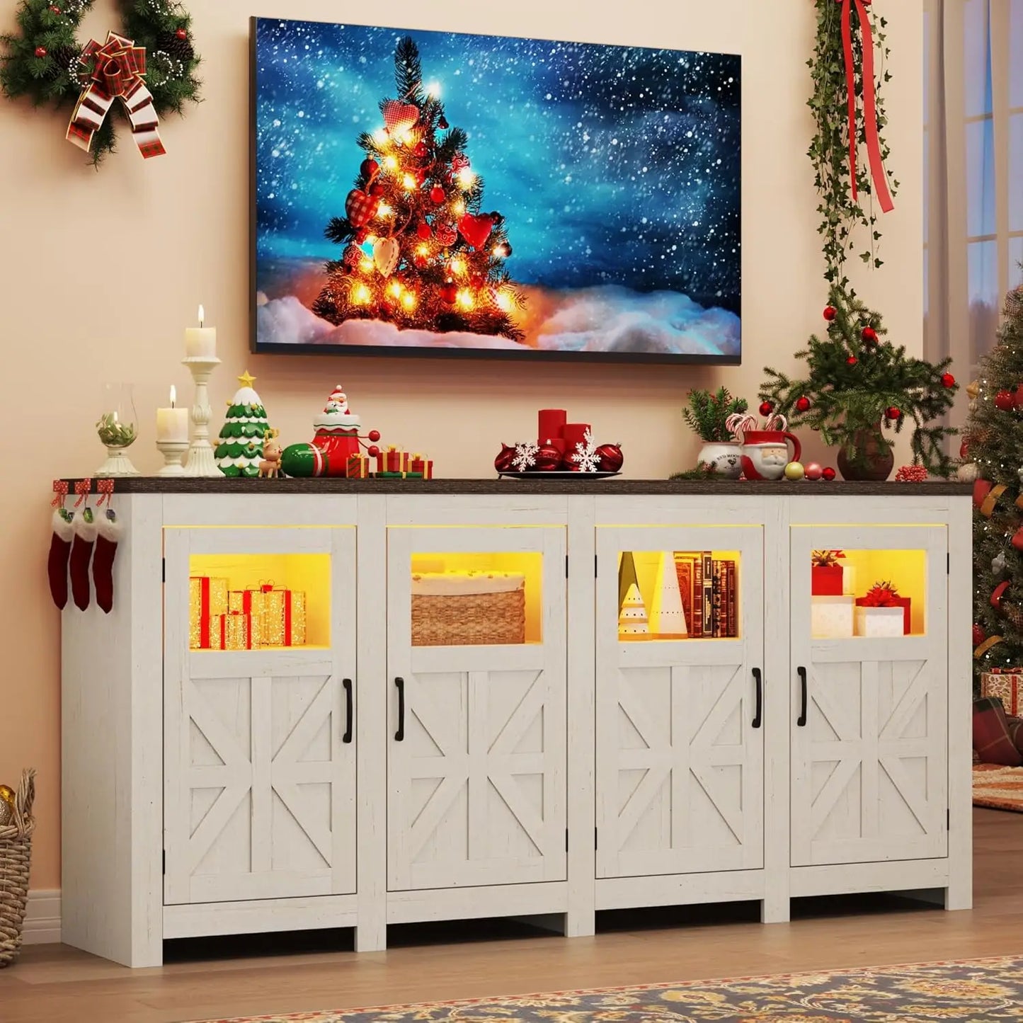 LED Farmhouse TV Stand for 80/75/70 Inch TVs with Power Outlets, Tall Entertainment Center Storage