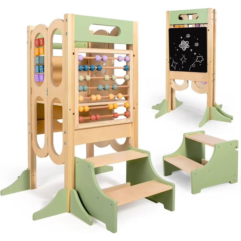 Foldable Toddler Tower with Adjustable Heights, Chalkboard & Learning Games - Safe Kitchen Step Stool for Kids