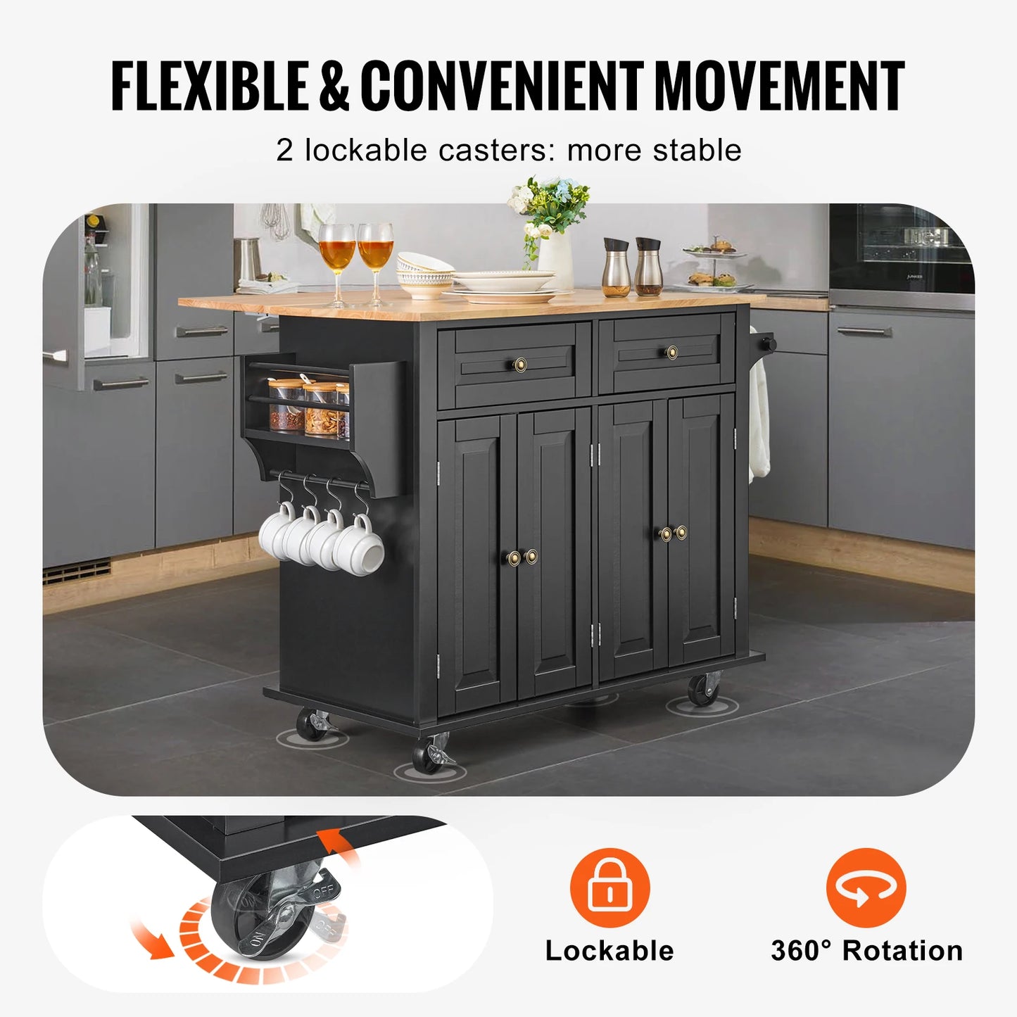 Kitchen Island Cart Wood Top Mobile Carts with Storage Cabinet Rolling Table with Drop Leaf Spice Rack Towel Bar