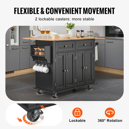 Kitchen Island Cart Wood Top Mobile Carts with Storage Cabinet Rolling Table with Drop Leaf Spice Rack Towel Bar