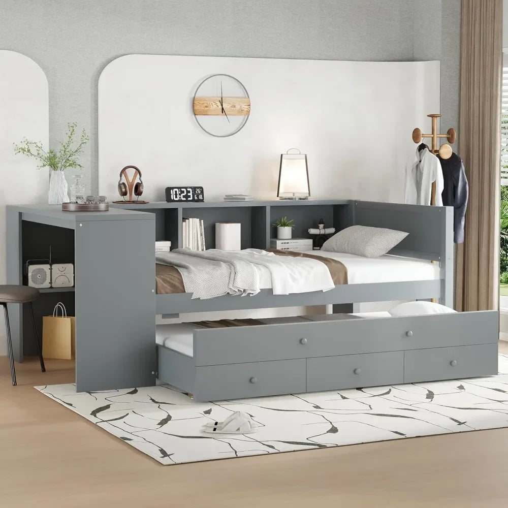 Twin Size Corner Daybed with Trundle, 3 Drawers & Desk - Grey Wooden Storage Bed for Kids Teens