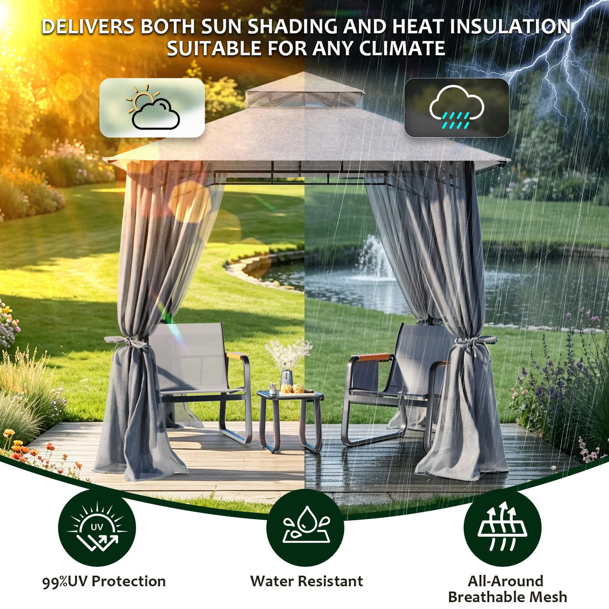 Double Tier Soft Canopy Patio Gazebo & 3-Piece Textilene Outdoor Furniture Set