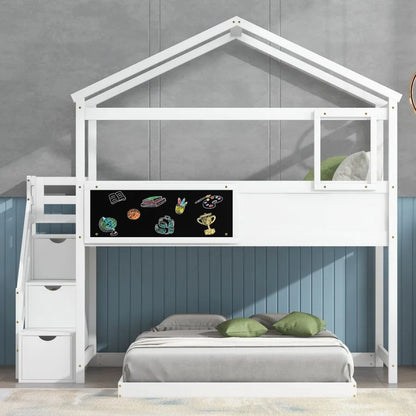 Twin over Full House Bunk Bed with Storage Staircase and Blackboard