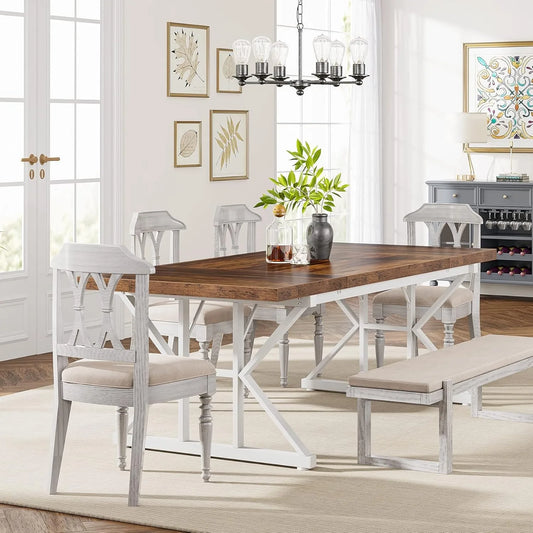 Farmhouse Dining Table for 6 People, 70.8-Inch Rectangular Wood Dining Table, Rustic Kitchen Table with Heavy Duty Metal Legs