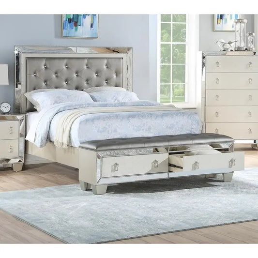 Glam Luxurious Queen Size Bed with Drawer Footboard, Silver Mirror Accents, Tufted Headboard Furniture Set for Modern Bedroom