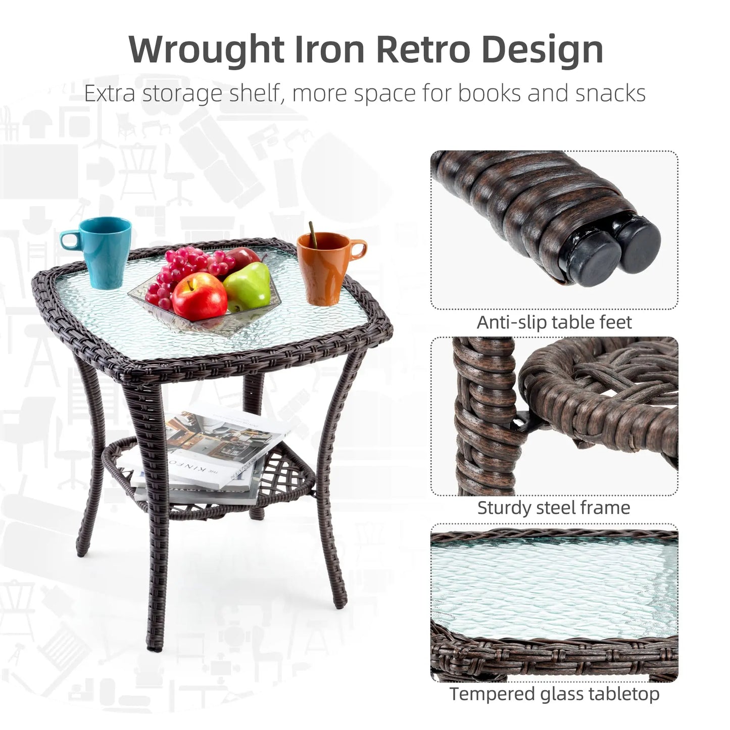 3-Piece Wicker Swivel Rocker Patio Set, 360° Swivel Rocking Chairs With Tempered Glass Side Table, Outdoor Bistro Furniture