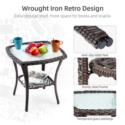 3-Piece Wicker Swivel Rocker Patio Set, 360° Swivel Rocking Chairs With Tempered Glass Side Table, Outdoor Bistro Furniture