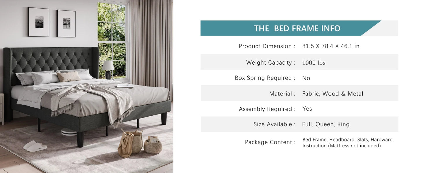 Classic Bed Frame with Button Tufted Wingback Headboard Platform Bed