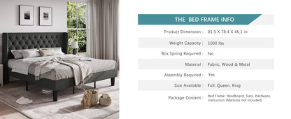 Classic Bed Frame with Button Tufted Wingback Headboard Platform Bed