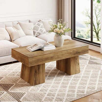 Farmhouse Coffee Table 47Inches, Wooden Rectangular Accent Center Table, Modern Low Cocktail Tea Living Room Furniture