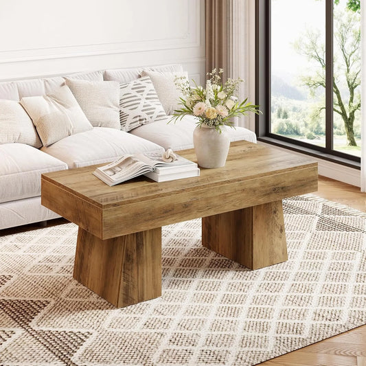 Farmhouse Coffee Table 47Inches, Wooden Rectangular Accent Center Table, Modern Low Cocktail Tea Living Room Furniture