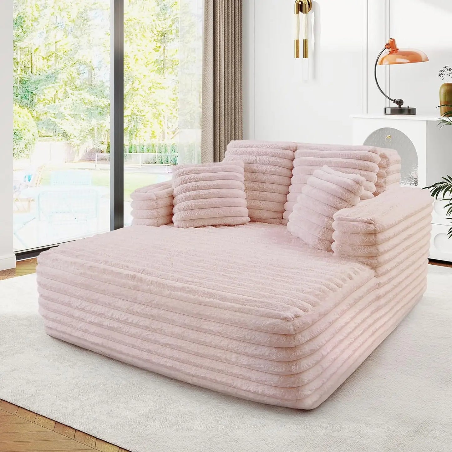 Plush Faux Fur Chaise Lounge Chair Couch Bed with Pillows And Wide Armrest Oversize Indoor Sleeper Sofa Fluffy