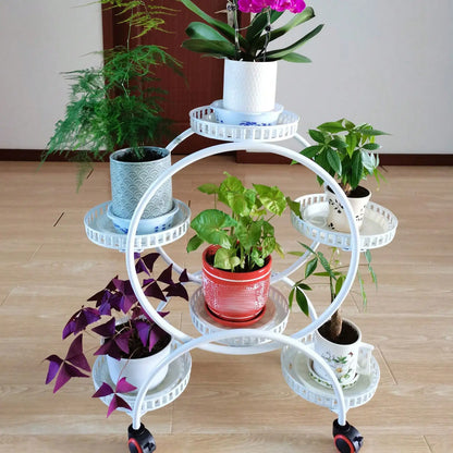 Pot Plant Shelf Round Metal Stand W/Wheel Rack for Flowers