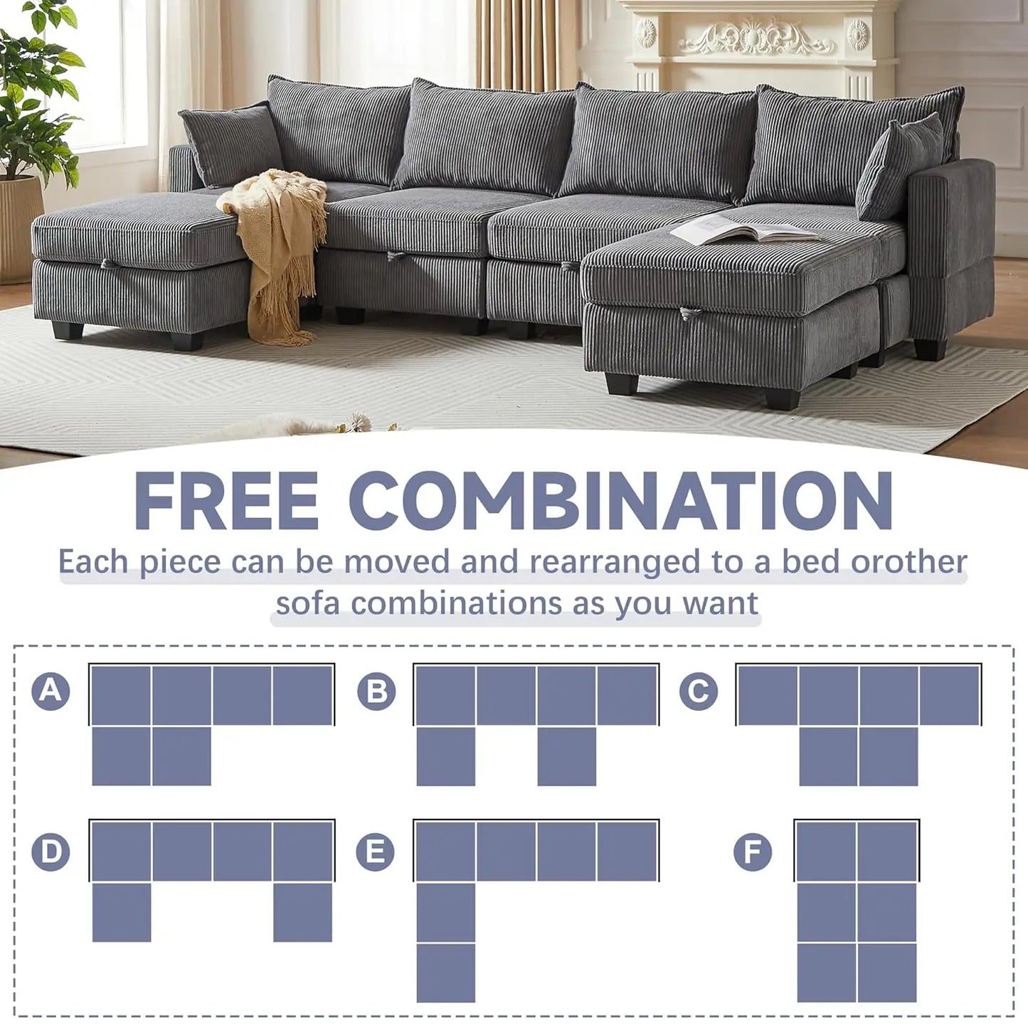 U-Shaped Modular Sectional Sofa with Storage Ottoman, Corduroy Upholstered Convertible Couches with Chaise