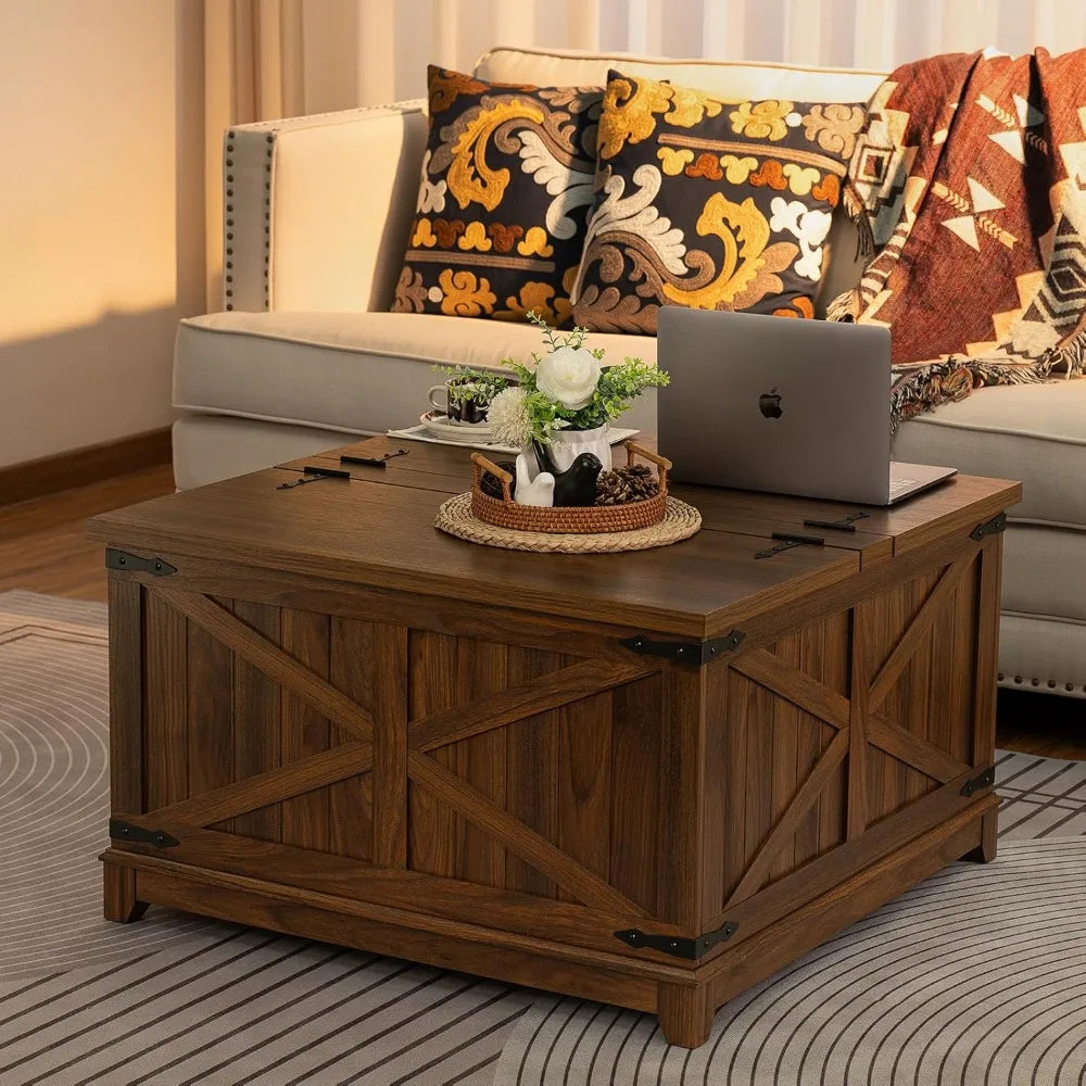 Farmhouse Coffee Table with Hidden Storage Space, Wood Square Large Center Table for Living Room, Farm House Rustic Brown