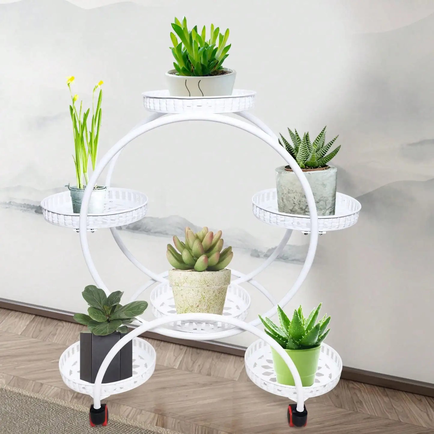 Pot Plant Shelf Round Metal Stand W/Wheel Rack for Flowers